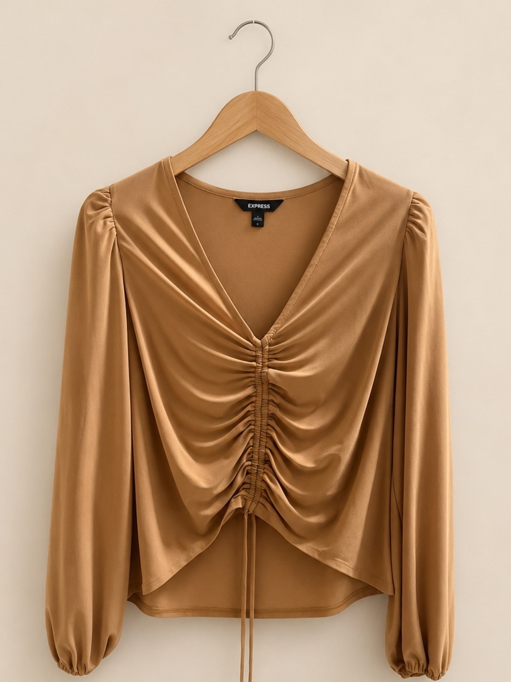 Express Size Small Ruched Front Long Sleeve Blouse Camel Tan V-Neck Stretch